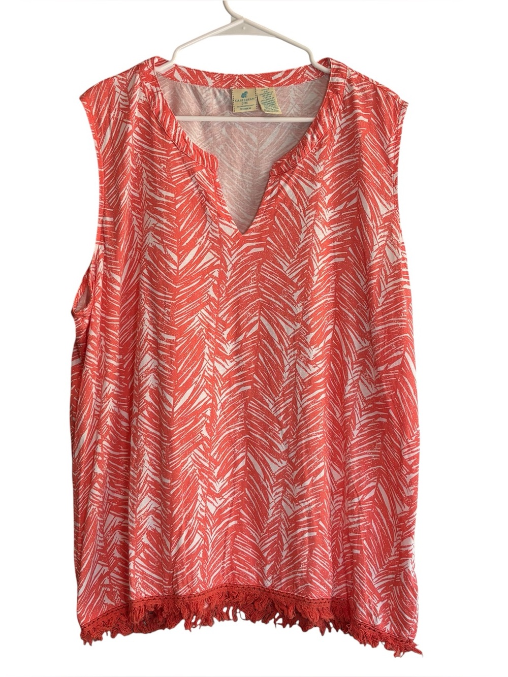 Caribbean Joe Womens 2X Coral Orange Palm Print Sleeveless Top Fringe Hem Cotton